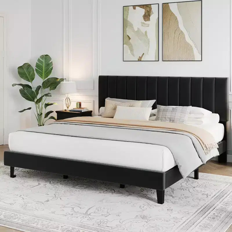 Adjustable Velvet Bed Frame with Vertical Channel Headboard - Platform Bed, No Box Spring Needed, Sturdy & Noise-Free Support