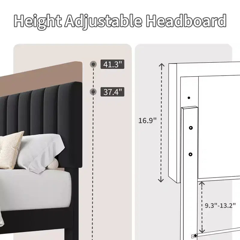 Adjustable Velvet Bed Frame with Vertical Channel Headboard - Platform Bed, No Box Spring Needed, Sturdy & Noise-Free Support