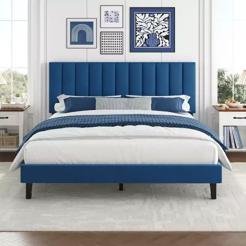 Adjustable Velvet Bed Frame with Vertical Channel Headboard - Platform Bed, No Box Spring Needed, Sturdy & Noise-Free Support