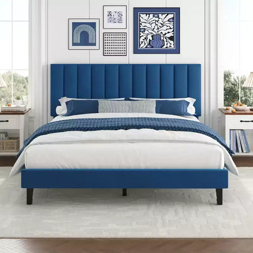 Adjustable Velvet Bed Frame with Vertical Channel Headboard - Platform Bed, No Box Spring Needed, Sturdy & Noise-Free Support