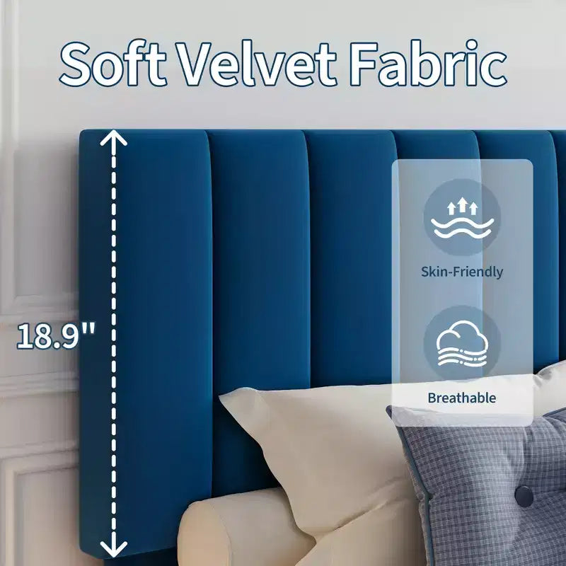 Adjustable Velvet Bed Frame with Vertical Channel Headboard - Platform Bed, No Box Spring Needed, Sturdy & Noise-Free Support