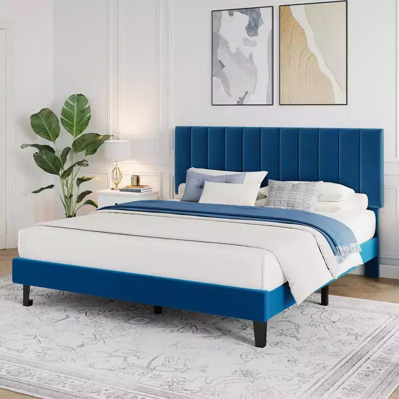 Adjustable Velvet Bed Frame with Vertical Channel Headboard - Platform Bed, No Box Spring Needed, Sturdy & Noise-Free Support