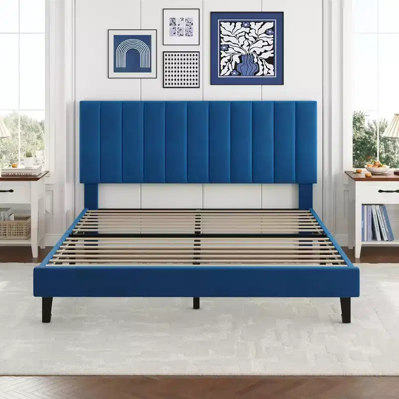 Adjustable Velvet Bed Frame with Vertical Channel Headboard - Platform Bed, No Box Spring Needed, Sturdy & Noise-Free Support