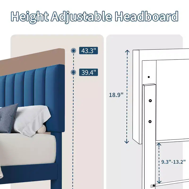 Adjustable Velvet Bed Frame with Vertical Channel Headboard - Platform Bed, No Box Spring Needed, Sturdy & Noise-Free Support