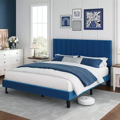 Adjustable Velvet Bed Frame with Vertical Channel Headboard - Platform Bed, No Box Spring Needed, Sturdy & Noise-Free Support