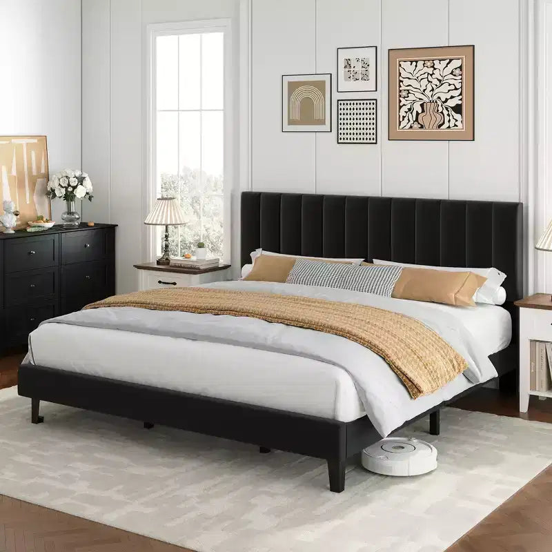 Adjustable Velvet Bed Frame with Vertical Channel Headboard - Platform Bed, No Box Spring Needed, Sturdy & Noise-Free Support
