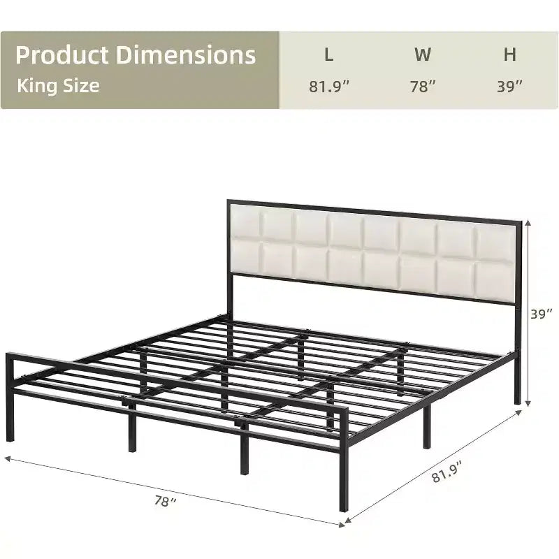 King Upholstered Metal Bed Frame with Square-Stitched Headboard, Faux Leather Platform Bed with Steel Slats Support, Box Spring Optional, Beige
