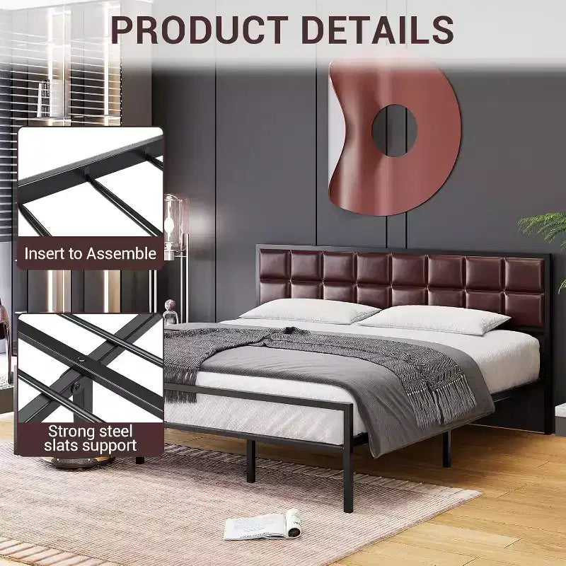 King Upholstered Metal Bed Frame with Square-Stitched Headboard, Faux Leather Platform Bed with Steel Slats Support, Box Spring Optional, Beige