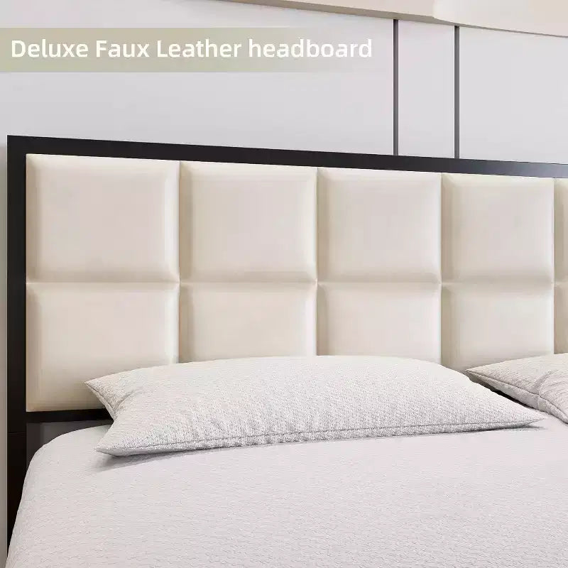 King Upholstered Metal Bed Frame with Square-Stitched Headboard, Faux Leather Platform Bed with Steel Slats Support, Box Spring Optional, Beige