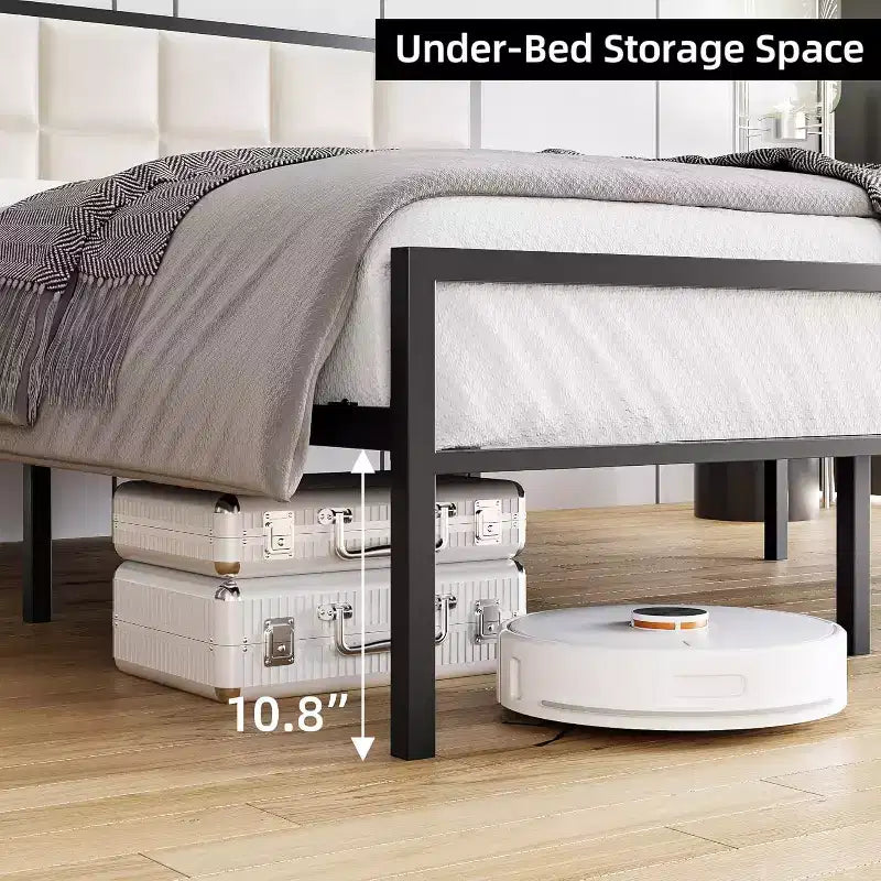 King Upholstered Metal Bed Frame with Square-Stitched Headboard, Faux Leather Platform Bed with Steel Slats Support, Box Spring Optional, Beige