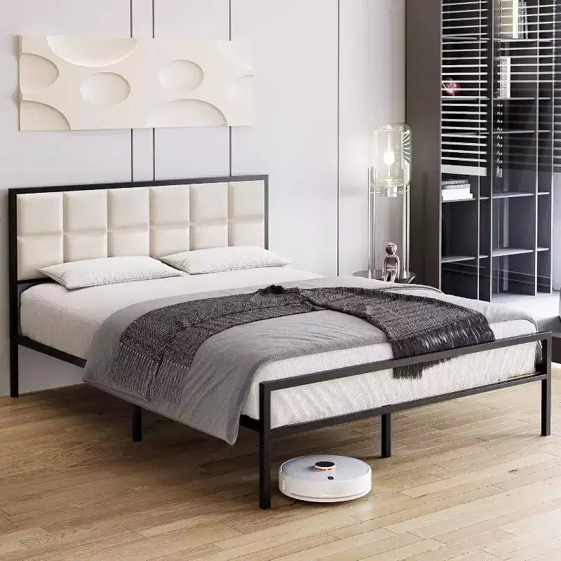 King Upholstered Metal Bed Frame with Square-Stitched Headboard, Faux Leather Platform Bed with Steel Slats Support, Box Spring Optional, Beige