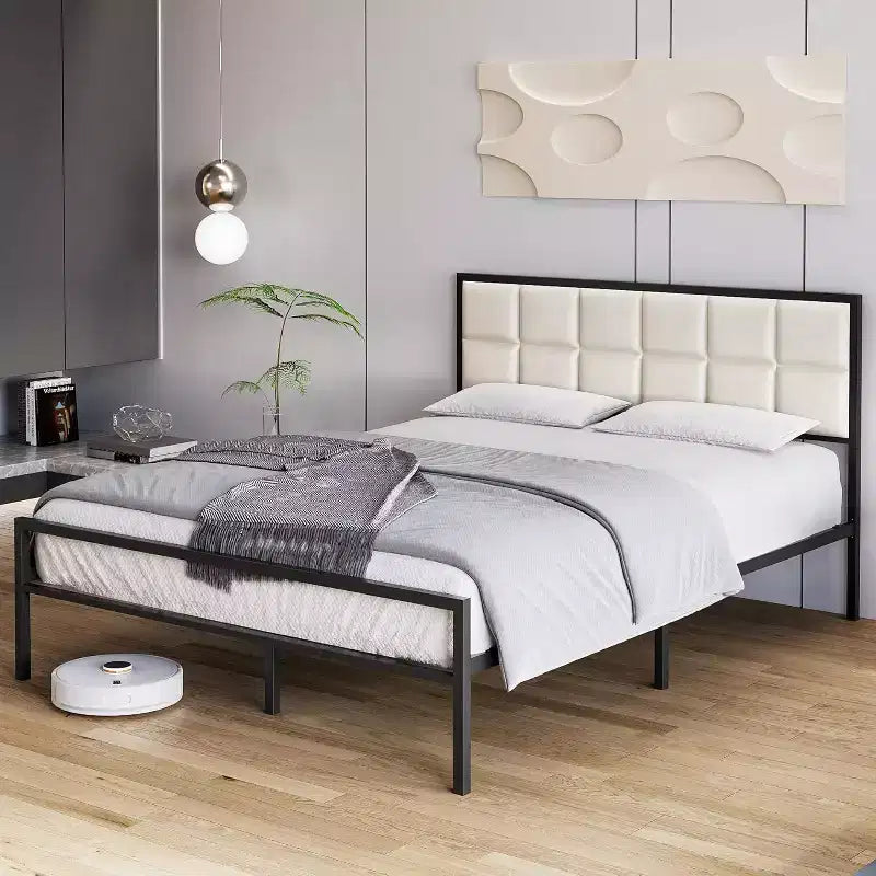 King Upholstered Metal Bed Frame with Square-Stitched Headboard, Faux Leather Platform Bed with Steel Slats Support, Box Spring Optional, Beige