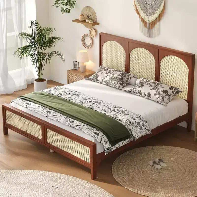 Queen/King Size Wood Platform Bed with Rattan Headboard & Footboard, Bed Frame with Support Legs