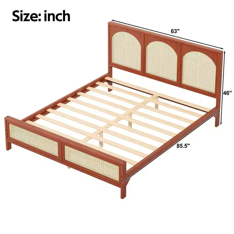 Queen/King Size Wood Platform Bed with Rattan Headboard & Footboard, Bed Frame with Support Legs