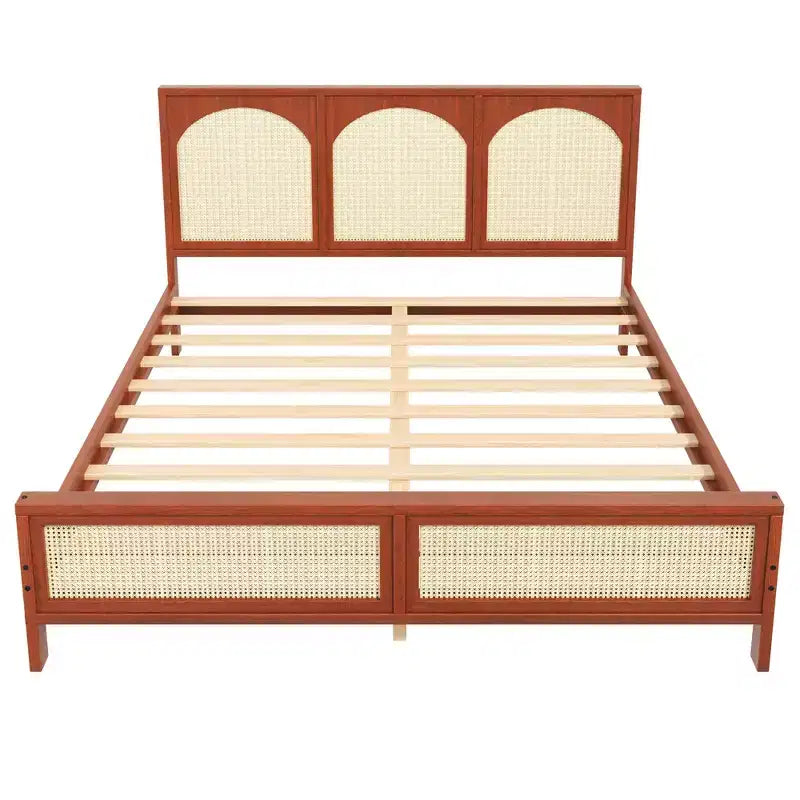 Queen/King Size Wood Platform Bed with Rattan Headboard & Footboard, Bed Frame with Support Legs