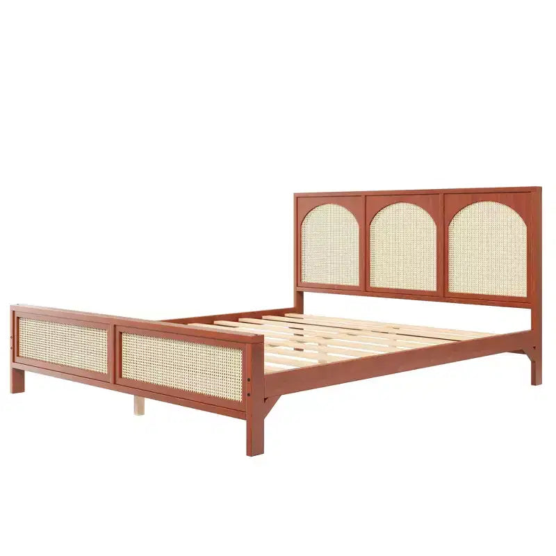 Queen/King Size Wood Platform Bed with Rattan Headboard & Footboard, Bed Frame with Support Legs