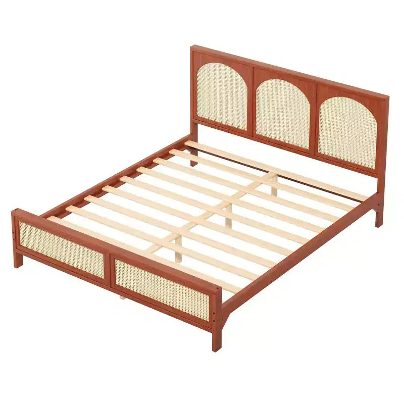 Queen/King Size Wood Platform Bed with Rattan Headboard & Footboard, Bed Frame with Support Legs
