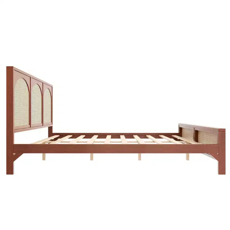 Queen/King Size Wood Platform Bed with Rattan Headboard & Footboard, Bed Frame with Support Legs