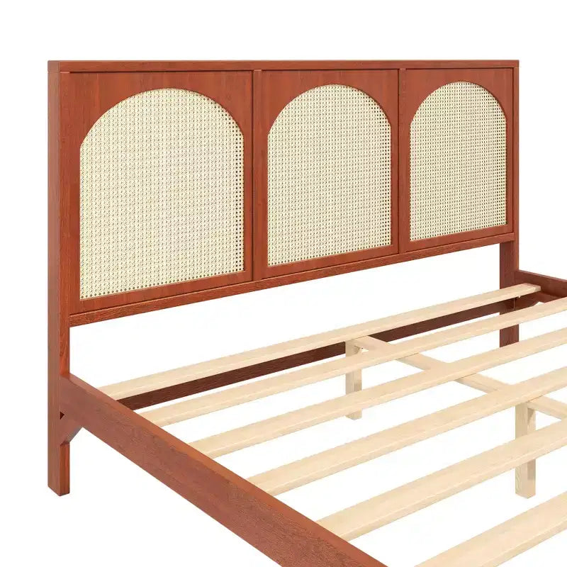 Queen/King Size Wood Platform Bed with Rattan Headboard & Footboard, Bed Frame with Support Legs