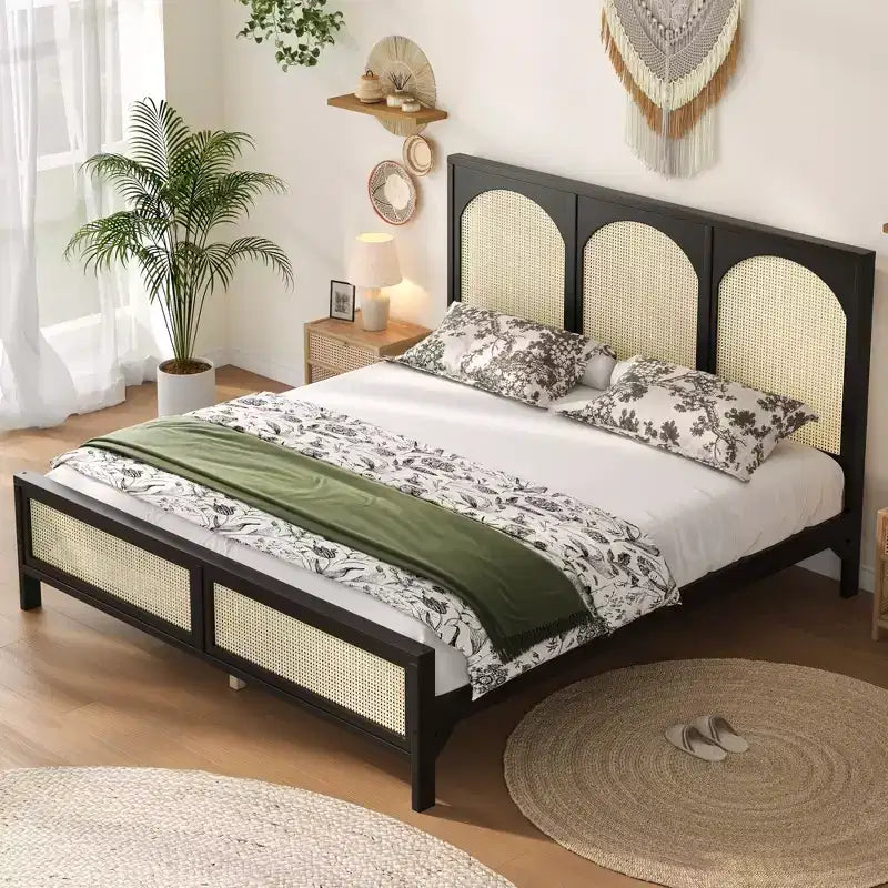 Queen/King Size Wood Platform Bed with Rattan Headboard & Footboard, Bed Frame with Support Legs