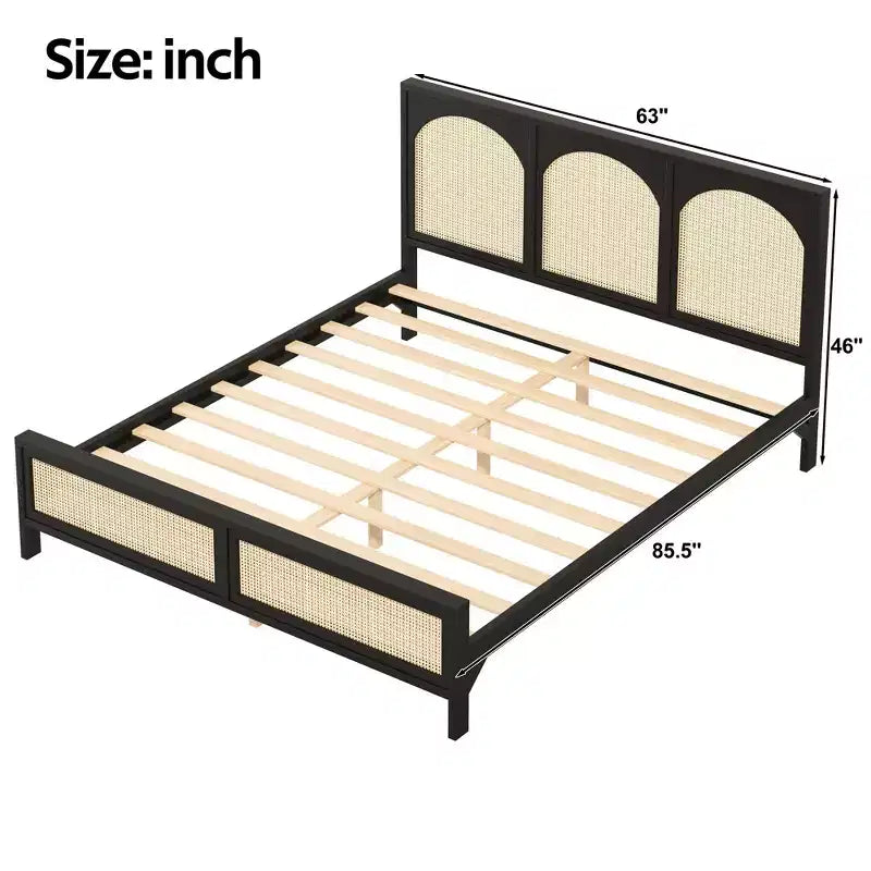 Queen/King Size Wood Platform Bed with Rattan Headboard & Footboard, Bed Frame with Support Legs