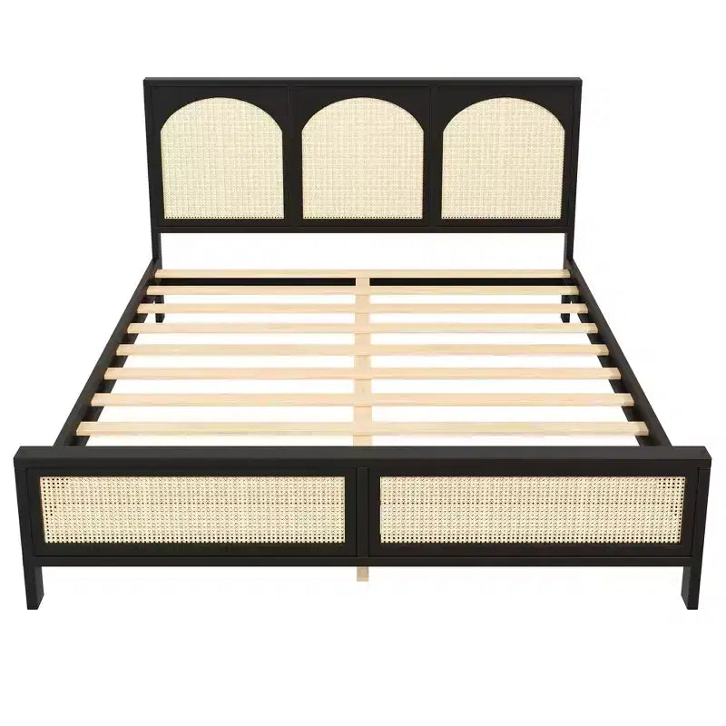 Queen/King Size Wood Platform Bed with Rattan Headboard & Footboard, Bed Frame with Support Legs