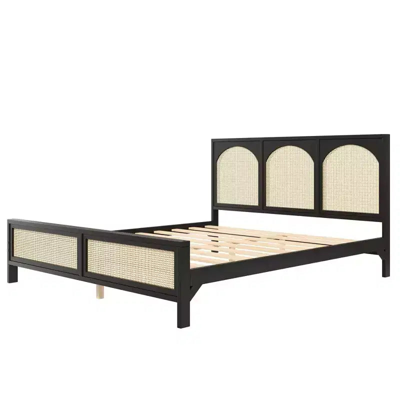 Queen/King Size Wood Platform Bed with Rattan Headboard & Footboard, Bed Frame with Support Legs
