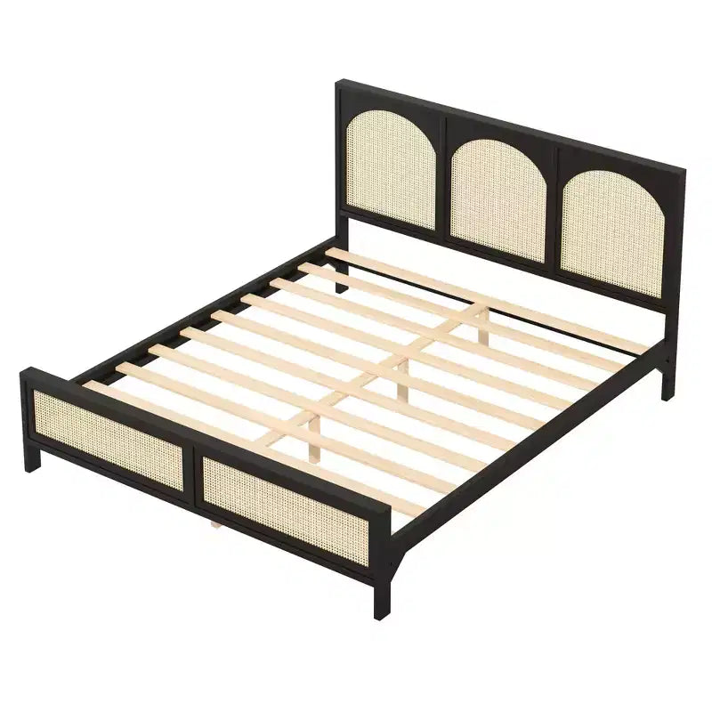 Queen/King Size Wood Platform Bed with Rattan Headboard & Footboard, Bed Frame with Support Legs