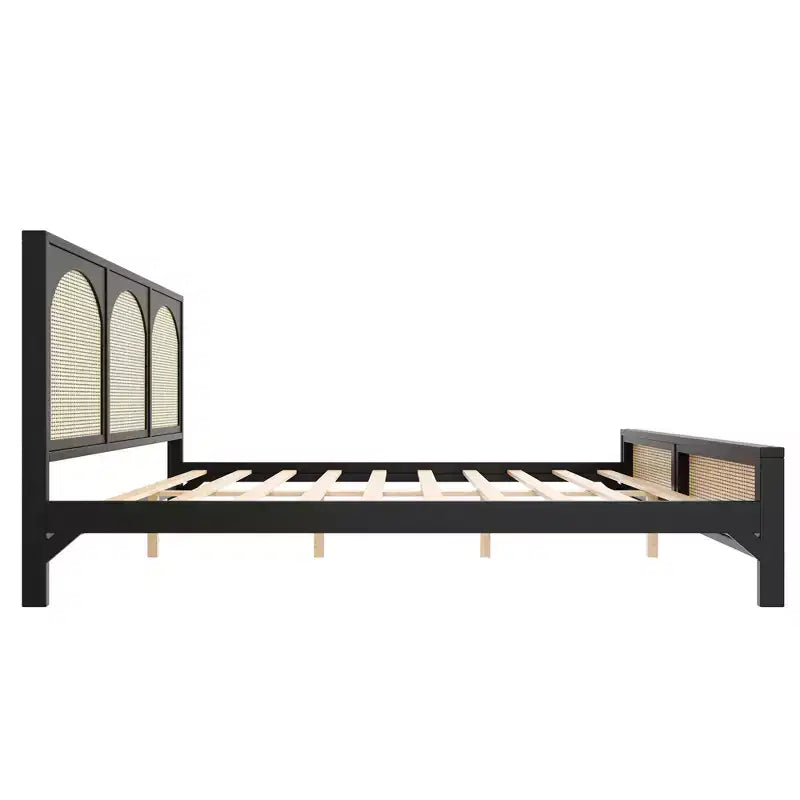 Queen/King Size Wood Platform Bed with Rattan Headboard & Footboard, Bed Frame with Support Legs