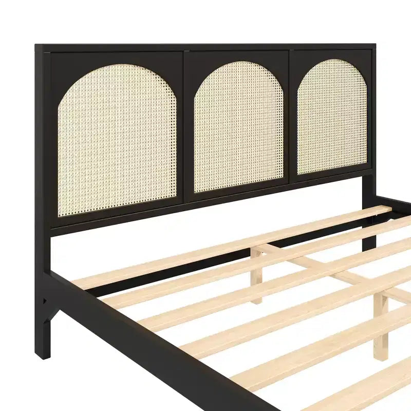 Queen/King Size Wood Platform Bed with Rattan Headboard & Footboard, Bed Frame with Support Legs