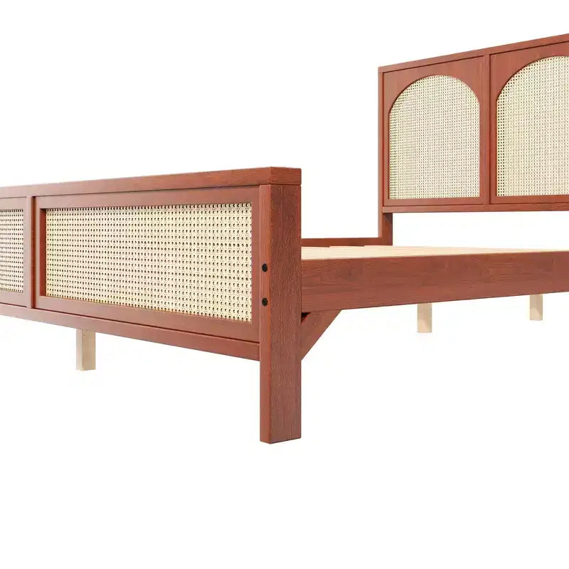 Queen/King Size Wood Platform Bed with Rattan Headboard & Footboard, Bed Frame with Support Legs