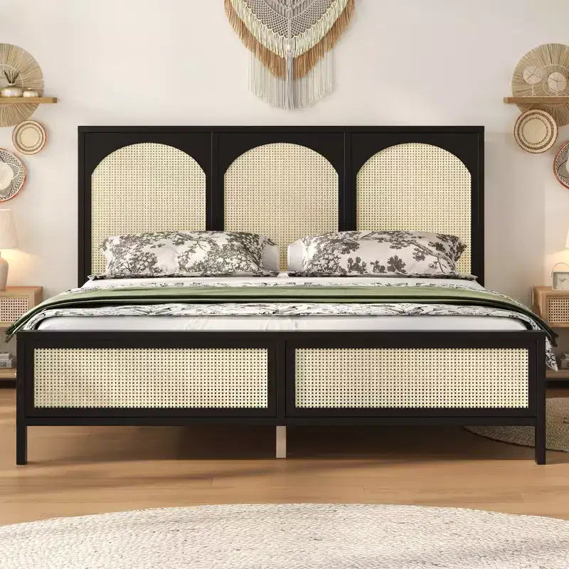 Queen/King Size Wood Platform Bed with Rattan Headboard & Footboard, Bed Frame with Support Legs - ModernLuxe