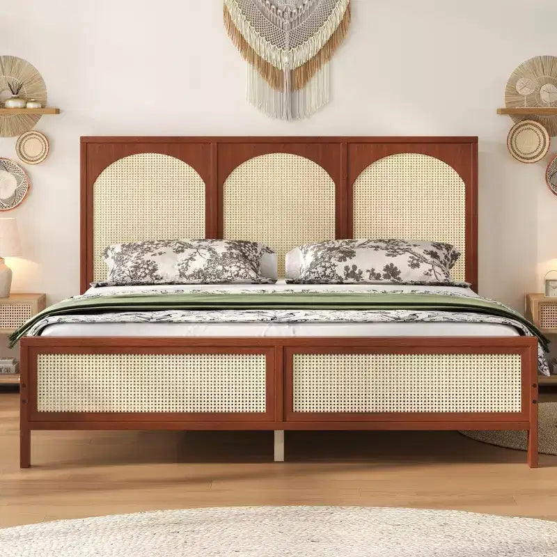 Queen/King Size Wood Platform Bed with Rattan Headboard & Footboard, Bed Frame with Support Legs