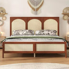 Plattformbett aus Holz in Queen-/King-Size mit Rattan-Kopf- und Fußteil, Bettgestell mit Stützbeinen