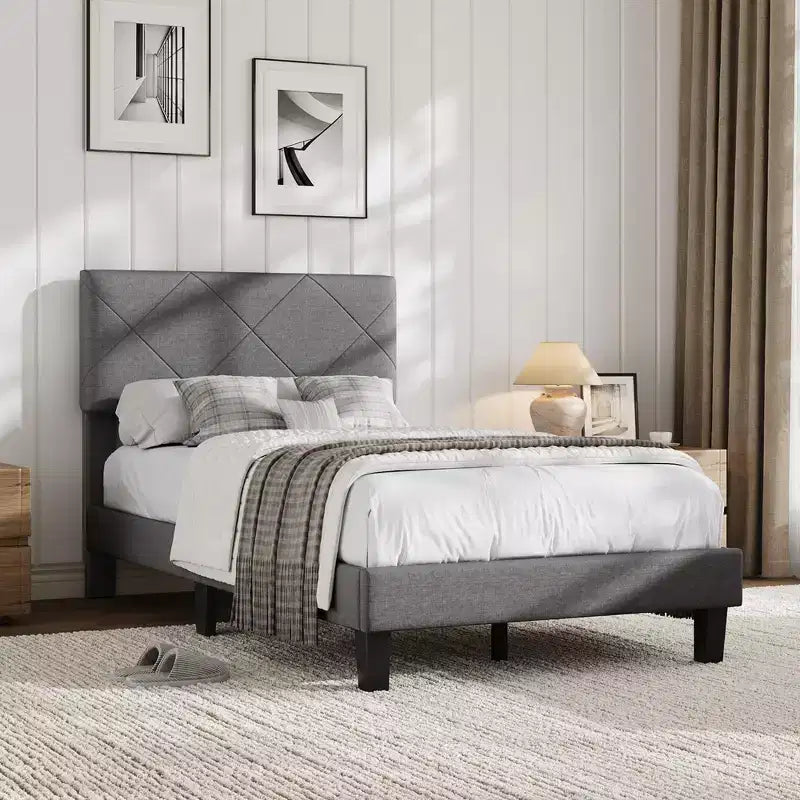 Bed Frame with Upholstered Headboard, Twin Platform Bedframe with Wooden Slats Support, Easy Assembly Mattress Foundation, No Box Spring Needed