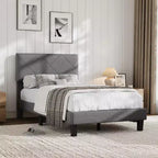 Bedframe met gestoffeerd hoofdbord, eenpersoons platformbedframe met ondersteuning door houten latten, eenvoudig te monteren matrasbasis, geen boxspring nodig