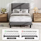 Bedframe met gestoffeerd hoofdbord, eenpersoons platformbedframe met ondersteuning door houten latten, eenvoudig te monteren matrasbasis, geen boxspring nodig