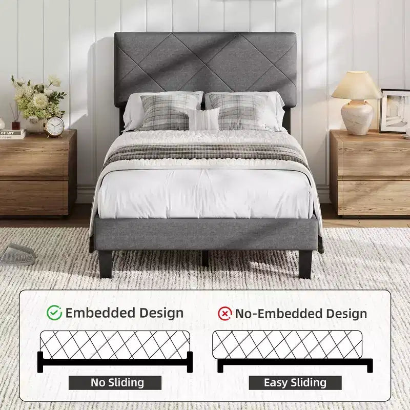 Bed Frame with Upholstered Headboard, Twin Platform Bedframe with Wooden Slats Support, Easy Assembly Mattress Foundation, No Box Spring Needed