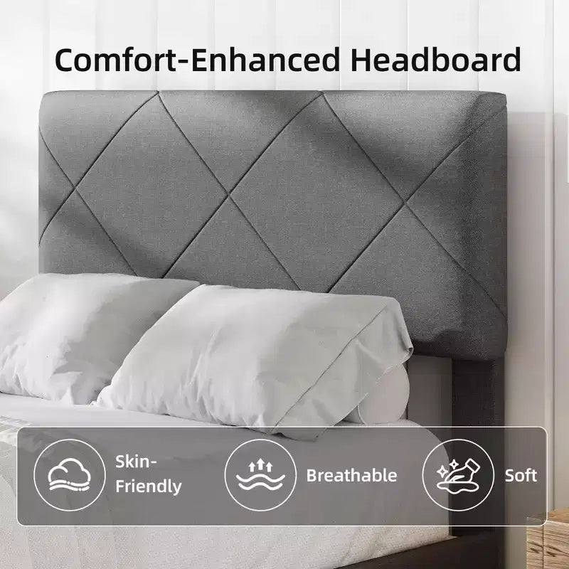 Bed Frame with Upholstered Headboard, Twin Platform Bedframe with Wooden Slats Support, Easy Assembly Mattress Foundation, No Box Spring Needed
