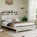 Full/Queen/King Size Platform Bed with LED and Charging Station, Wood Platform Bed Frame with Hidden Storage and Headboard, Antique White+Gray