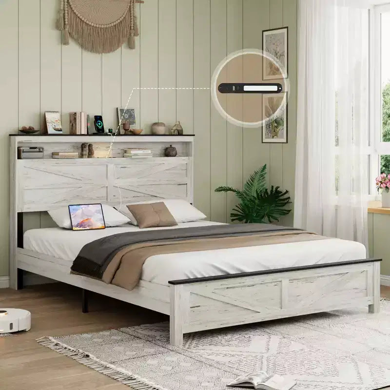 Full/Queen/King Size Platform Bed with LED and Charging Station, Wood Platform Bed Frame with Hidden Storage and Headboard, Antique White+Gray