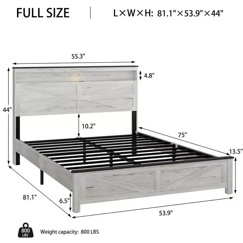 Full/Queen/King Size Platform Bed with LED and Charging Station, Wood Platform Bed Frame with Hidden Storage and Headboard, Antique White+Gray