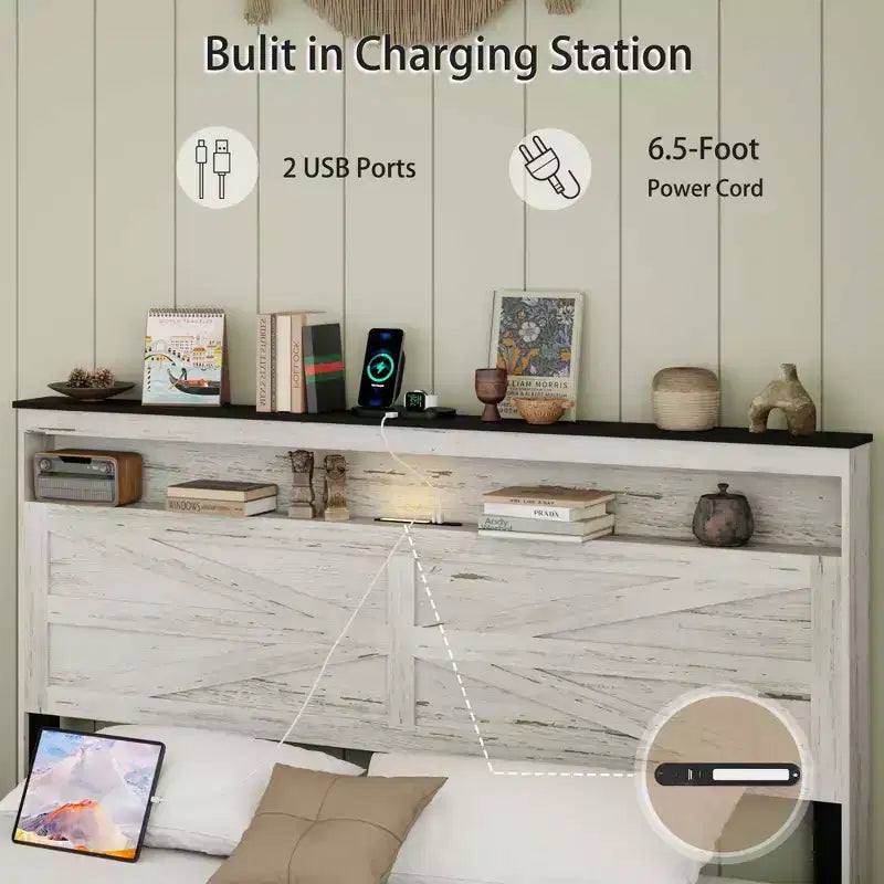 Full/Queen/King Size Platform Bed with LED and Charging Station, Wood Platform Bed Frame with Hidden Storage and Headboard, Antique White+Gray