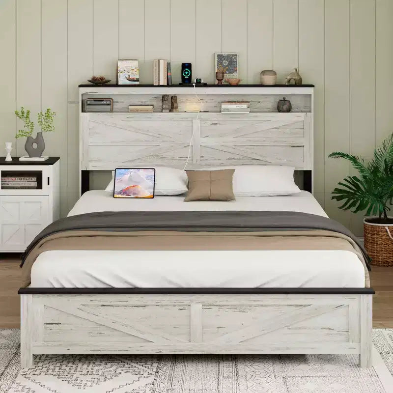 Full/Queen/King Size Platform Bed with LED and Charging Station, Wood Platform Bed Frame with Hidden Storage and Headboard, Antique White+Gray