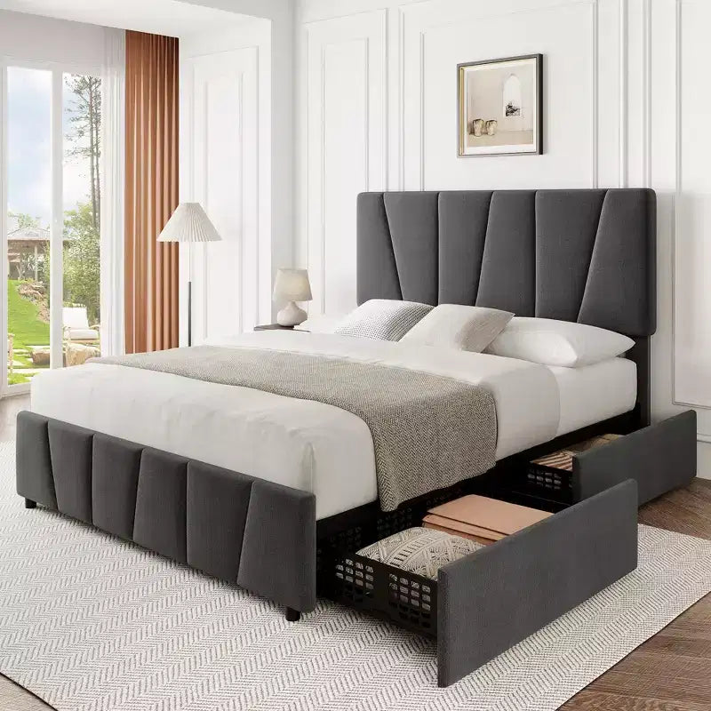 Upholstered Platform Bed Frame with Adjustable Headboard and Storage Drawers - Wooden Slats, No Box Spring Needed, Modern Bedroom Furniture