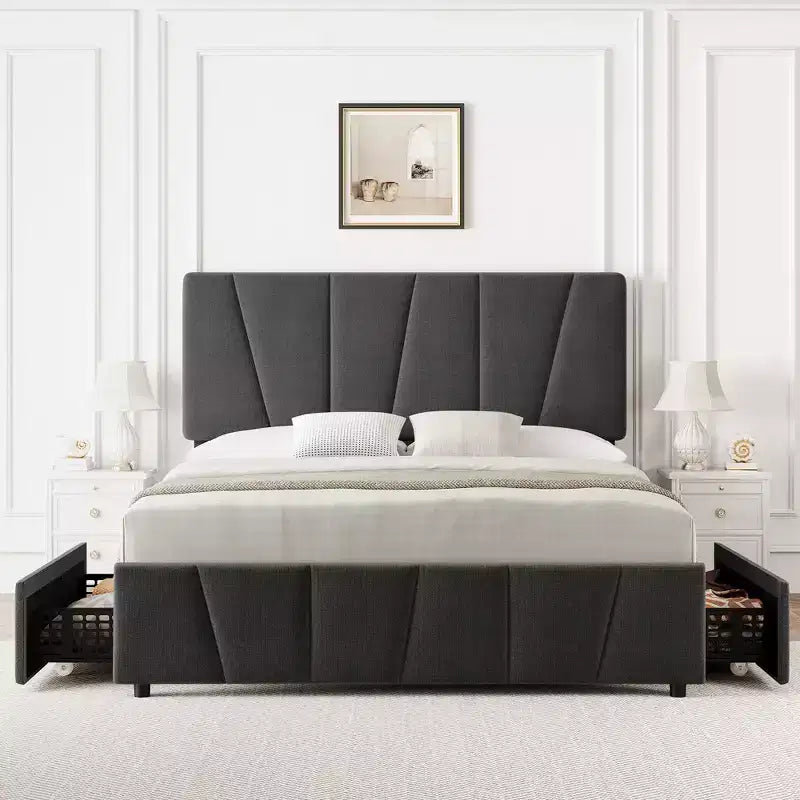Upholstered Platform Bed Frame with Adjustable Headboard and Storage Drawers - Wooden Slats, No Box Spring Needed, Modern Bedroom Furniture