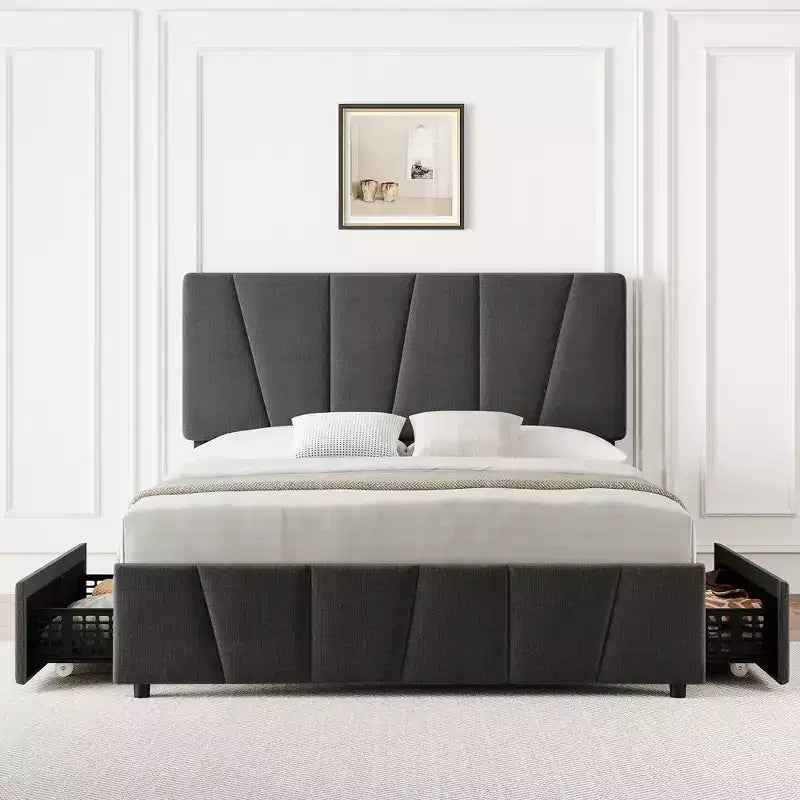 Upholstered Platform Bed Frame with Adjustable Headboard and Storage Drawers - Wooden Slats, No Box Spring Needed, Modern Bedroom Furniture