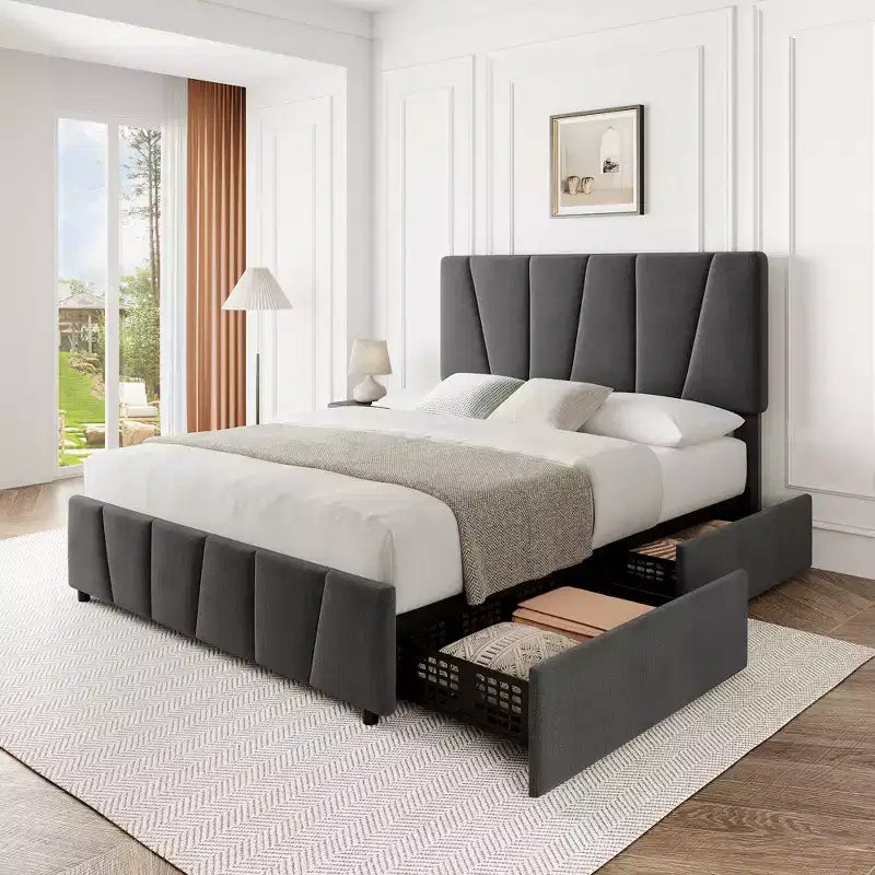 Upholstered Platform Bed Frame with Adjustable Headboard and Storage Drawers - Wooden Slats, No Box Spring Needed, Modern Bedroom Furniture
