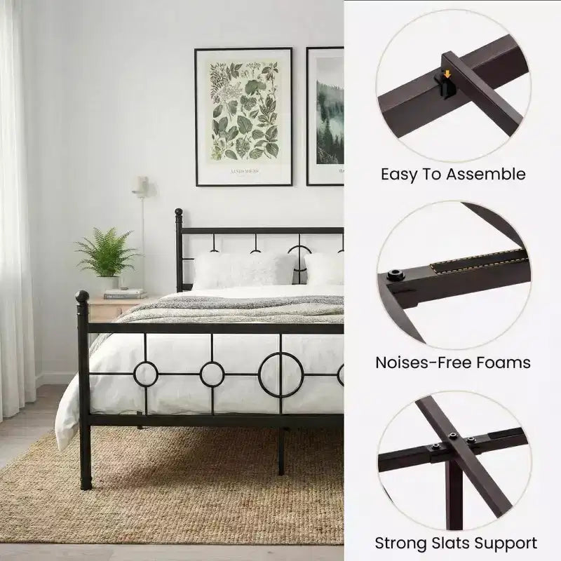 Vintage Circular Metal Bed Frame, Heavy Duty Iron Platform, Noise-Free, Easy Assembly, No Box Spring Needed,Twin/ Full/ Queen/ King Size