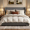 DobleePy Queen Size Corduroy Upholstered Platform Bed Frame, Grey, Storage Drawers, Tufted Wingback Headboard, No Box Spring Needed